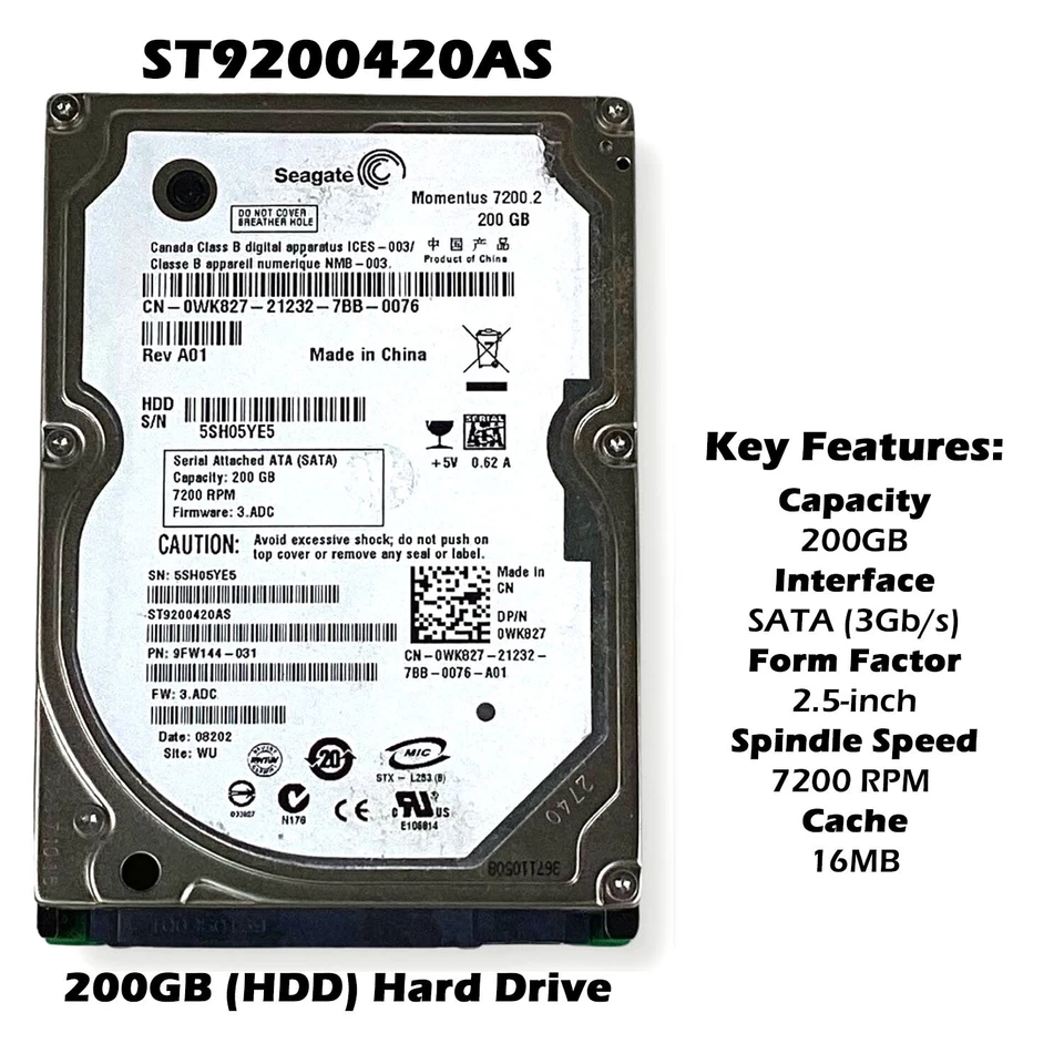 Dell ST9200420AS 200GB 7200RPM SATA 3Gb/s 16MB Cache 2.5-Inch Hard Drive WK827 - Image 2 of 4