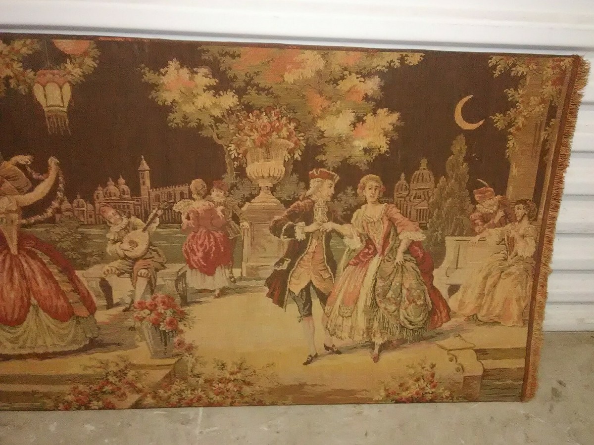 1920s Vintage Tapestry Venice Garden Party Wall Hanging Made