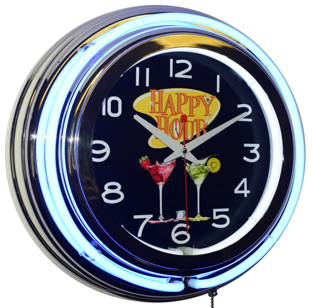 15" Happy Hour!  Cocktail Double Neon Clock Bar Pub Diner Ma