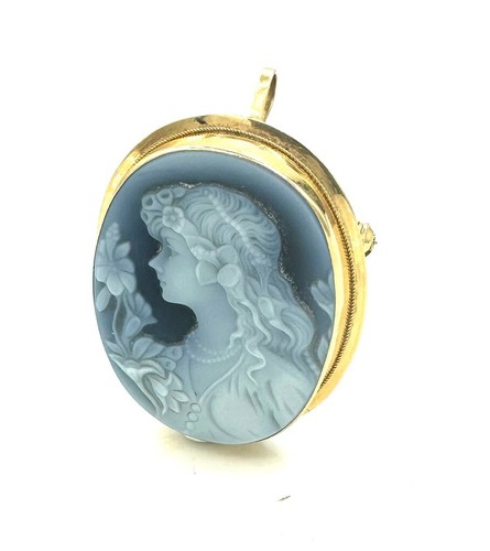 Pendentif Broche Or 18 Carats Avec Camée Bleu - 6,52 G - Bijou Vintage