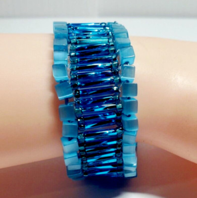 Azure Blue GLASS Bugles Squares Seed Bead Woven 85+ Yr Old Artisan 7.5'' Bracelet