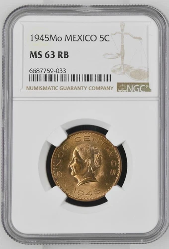 Mexico 5 Centavos 1945 Mo NGC MS 63 RB