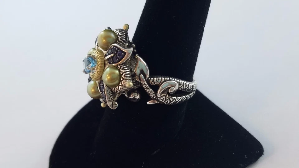 Anillo Flor Barbara Bixby Plata Esterlina Oro 18k Piedras Azules Perlas Verdes Talla 9 Foto 3 de 4