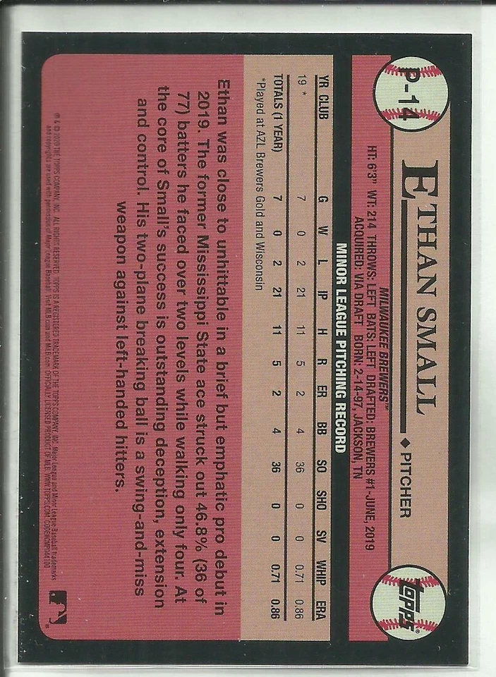 2020 Topps Update Series Prospects #P-14 Ethan Small Milwaukee Brewers PRC - Image 2 of 2