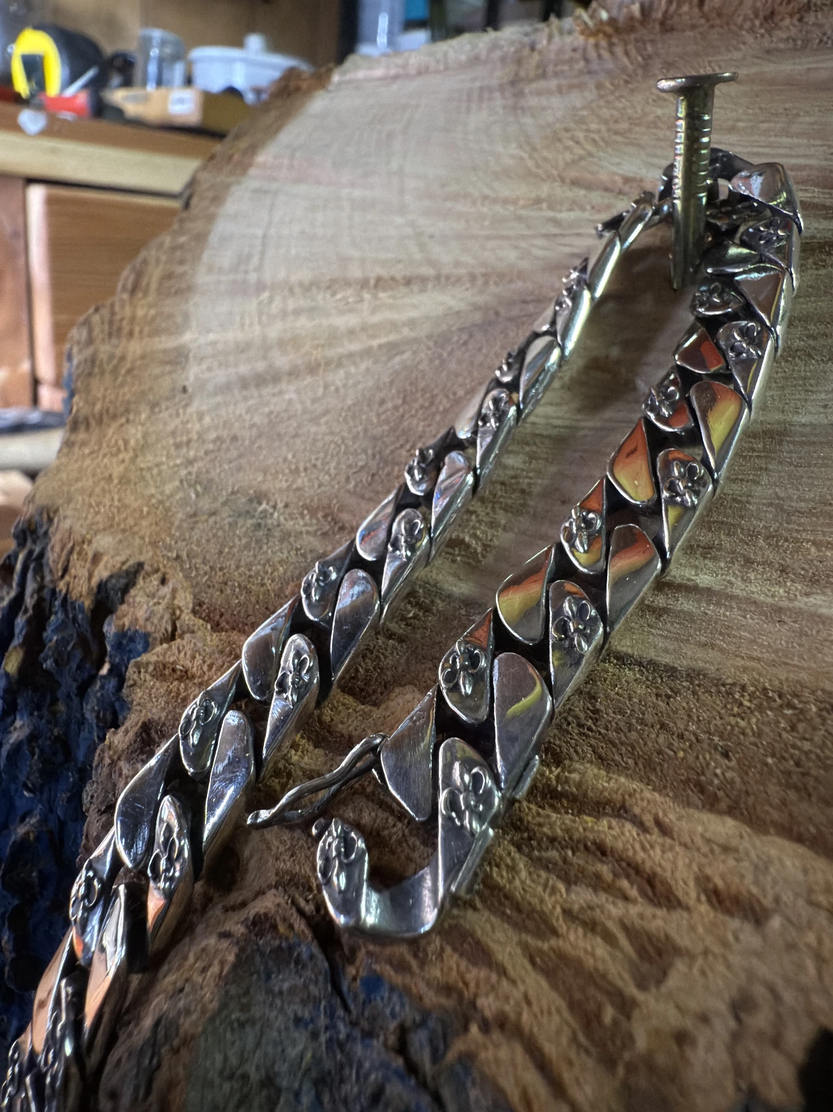 CHROME HEARTS Bracciale Argento Sterling Massiccio Pesante Reversibile Cromato Cuori Tipo Uomo .925 10mm