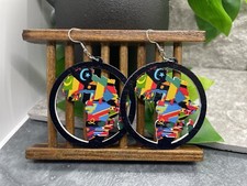 2 Silver-tone Earring Set Boho Retro Round Wood Dangle Juneteenth African A1823