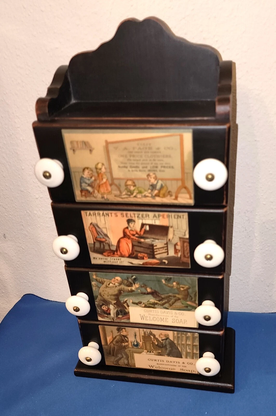 Vintage 4 Drawer Wood Spice / Tea Cabinet Porcelain Knobs Farmhouse Country