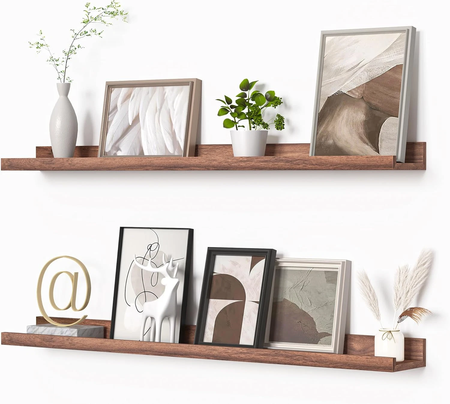 Walnut Floating Picture Ledge Shelf Set of 2 - 36 Inch Wall Mounted Decor