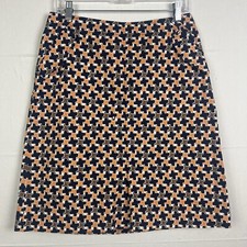 Vintage Talbots Skirt Women 8 Blue Orange Geo A Aline Pocket Knee Cotton Stretch