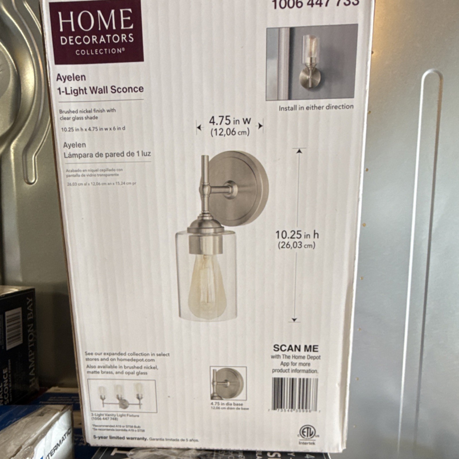 Home Decorators Collection Ayelen 1-Light Wall Sconce Brushed Nickel Glass Metal