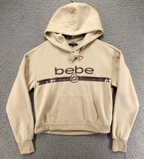 Bebe Sport Hoodie Women's M Tan Sequin Logo Cropped Pullover Sweatshirt Y2K Glam
