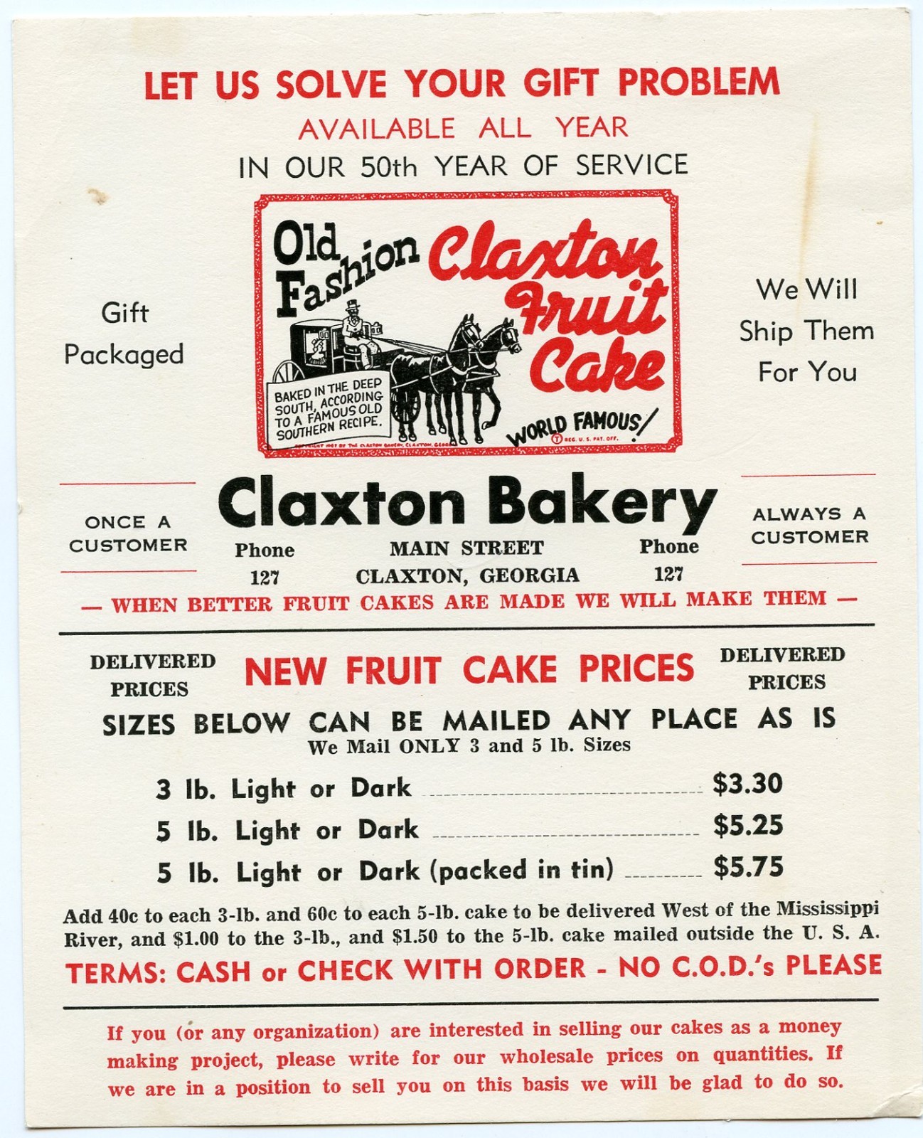 Claxton Fruit Cake - Bakery - Claxton GA - 1960 Advertising Card 5 1/2" x 6 3/4"