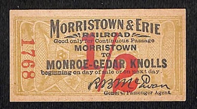 Morristown & Erie Railroad 1/2 Fare Ticket Monroe-Cedar Knolls c1910-28 #1768