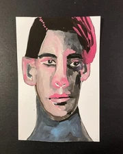 Portrait Painting Naive Primitive 4x6 Handsome Man Gouache Wall Art Miz Katie