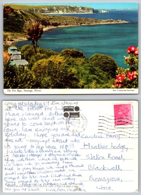 s19516 The Two Bays Swanage Dorset England John Hinde Postkarte 1973 Stempel