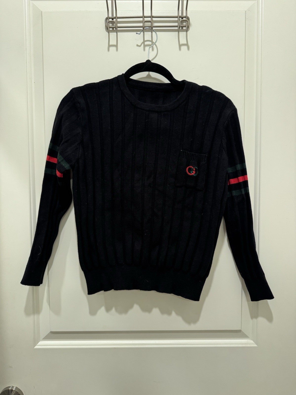 Gucci black cable-knit wool sweater with the signature Web stripe detail Size S