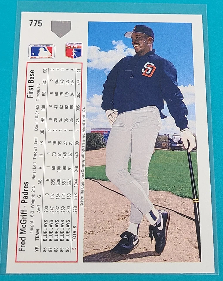 1991 Upper Deck #775 Fred McGriff San Diego Padres BASEBALL Card D7 - Image 2 of 2
