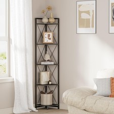 Black 5 Tier Corner Shelf Stand 64 Inch Tall Industrial Bookshelf Metal