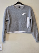 Nike Womens XS Gray Cropped Crewneck Sweatshirt White Zip Pocket Pullover
