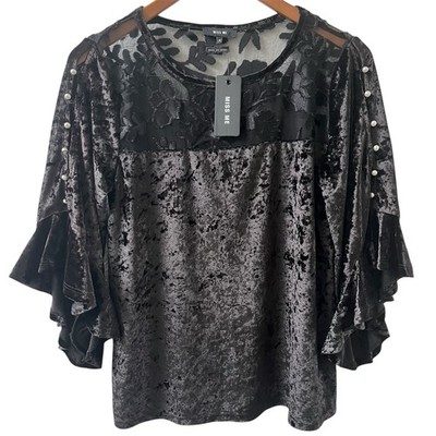Miss Me NWT Black Crushed Velvet Top S Pearl Cold Shoulder Lace Bell Sleeve
