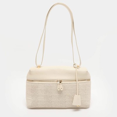 Loro Piana ベージュ レザー クラッチバッグ Loro Piana Extra Pocket L27 Beige Leather and Woven Fabric Pouch