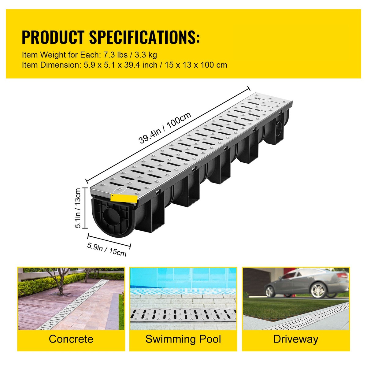VEVOR Trench Drain System, Channel Drain with Metal Grate, 5.8x5.2