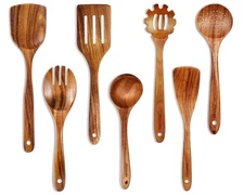 Wooden Spoons for Cooking, 7 Pcs Wooden Utensils for Cooking Natural Teak Woo...