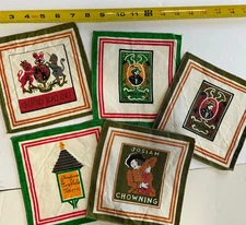 Set of 5 Vintage Irish Linen Pub Motif Cocktail Napkins Coaster Set