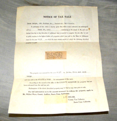 NOTICE OF TAX SALE 935 PARDEE ST BERKELEY CA SOLD TO STATE SANTA CRUZ CA 1923