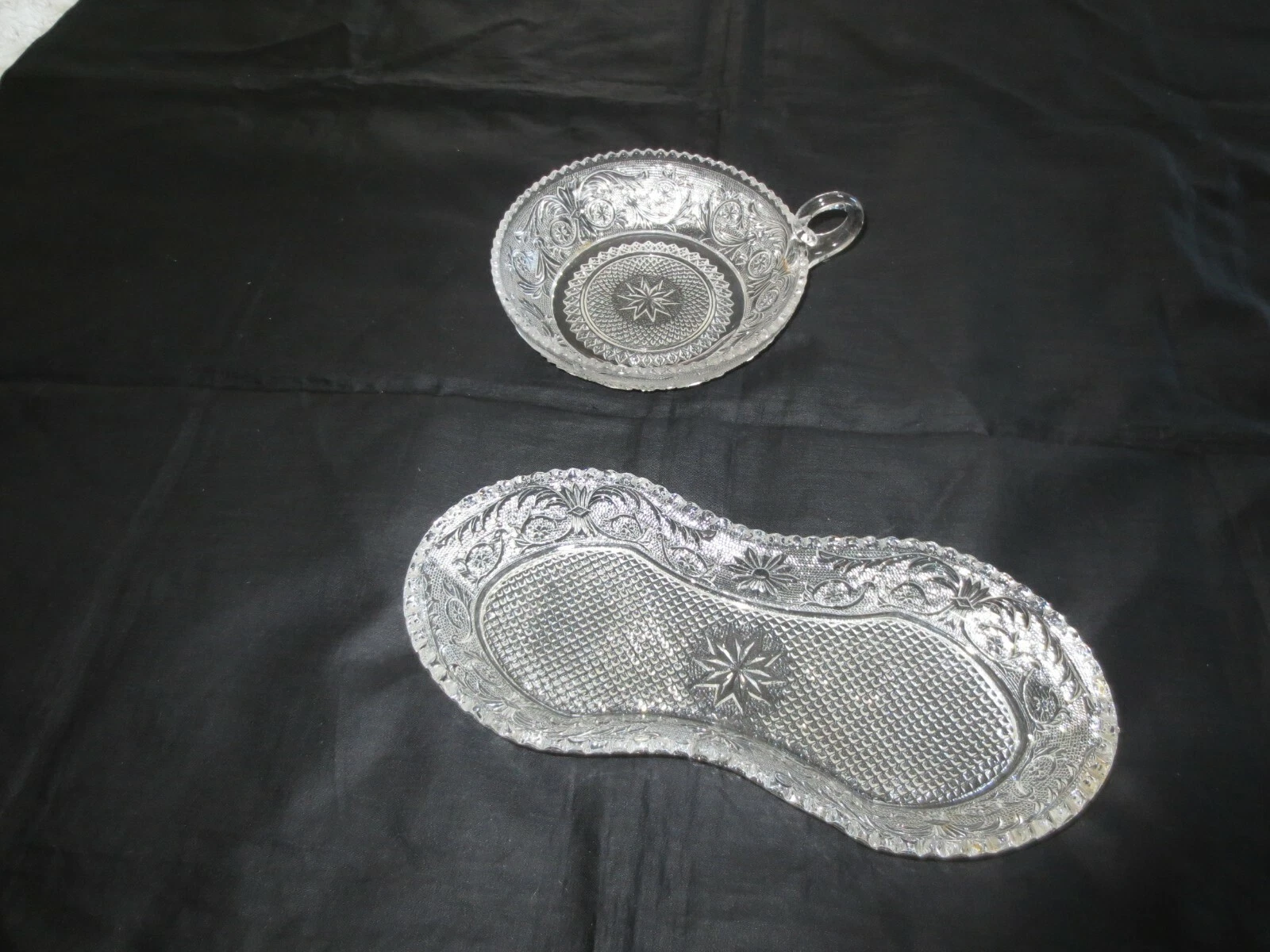 1930's Duncan & Miller CLEAR SANDWICH #41 Glass RELISH DISH & RING-HANDLED NAPPY