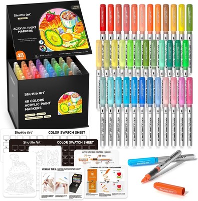 Art Supplies: 48 Color Brush Tip Acrylic Markers for Unique Creations and Crafts