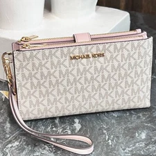 Michael Kors Jet Set Travel Large DoubleZip Wristlet Wallet Vanilla Powder Blush
