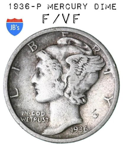 1936 (P) Mercury Dime 90% SILVER Fine-Very Fine (F-VF) *JB's Coins*
