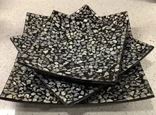 Vintage 3 piece Decorative Serving Set LACQUER WARE, BLACK AND M Of Pearl MCM