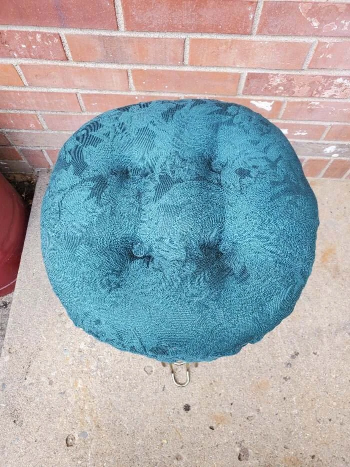 Vintage Vanity Bench Stool Green Padded Upholstery Seat Gold Steel Base - Image 3 of 4