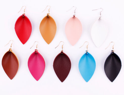 Handmade Teardrop Pinched Leaf Gold Statement Leather Earrings Holiday Jewelry - Picture 1 of 28