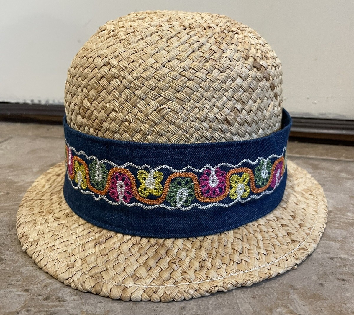 Vtg New Dame Made In Italy Bucket Straw Hat Embroidered 