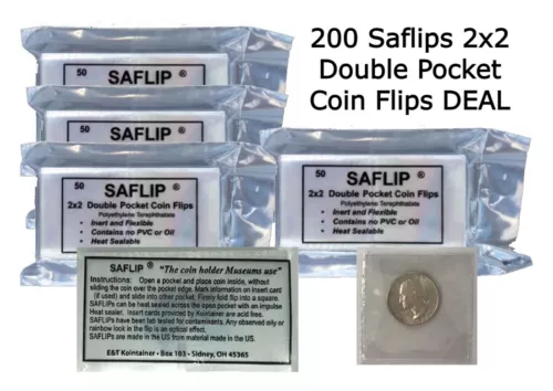 200 SAFLIPS 2x2 Coin Plastic Holders Archival Sleeves Mylar Flips 4 Packs Deal