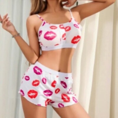 NEW!! HOT LIPS Lipstick Kiss Cropped Loungewear Two Piece Set Top Shorts XXL 2XL