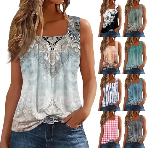 Women's Fashion Pleated Square Neck Sleeveless Tank Top Gradient Print T-Shirt-H