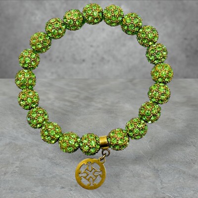 Rustic Cuff Bracelet Kennedy RC Logo Gold Tone Charm Stretch Lime Green Beads