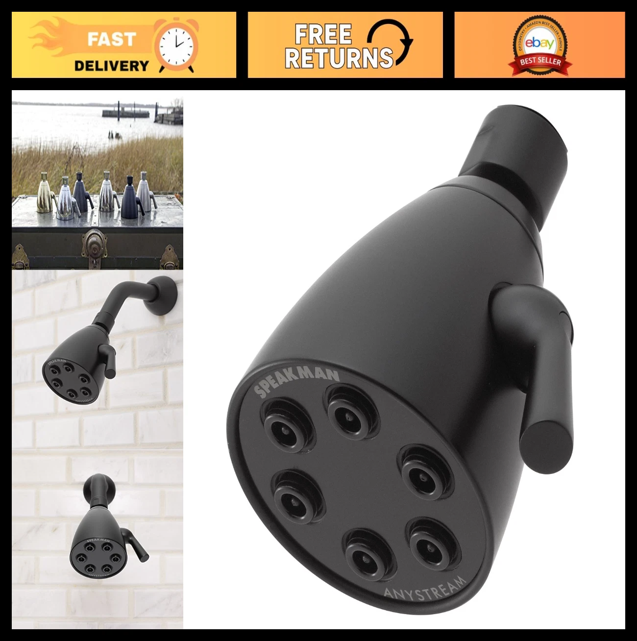 High Pressure Adjustable Shower Head, Matte Black, 3 Settings, Anystream Design,