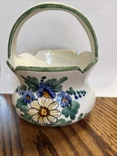 Vintage Hand Painted Ceramic Floral FTD Basket, Made in Italy