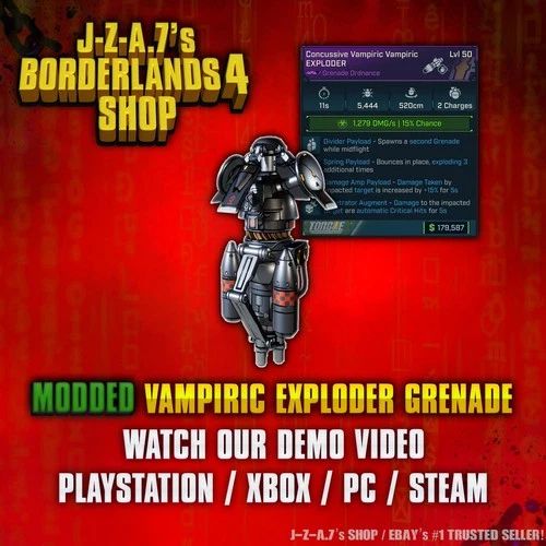 Borderlands 4✨ MODDED VAMPIRIC EXPLODER GRENADE BL4 GEAR ORDNANCE ✅PC-PS-XBOX✨