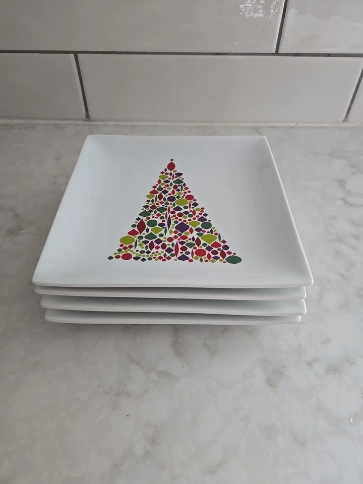 NEW 4 Crate & Barrel Christmas Tree 6" Square Appetizer Plates - Image 4 of 4