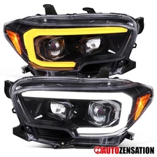 Fit 2016-2023 Toyota Tacoma Slick Black Projector Headlights Switchback LED Bar
