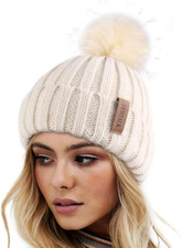Womens Winter Knitted Beanie Hat with Faux Fur Pom Warm Knit Skull Cap Beanie fo