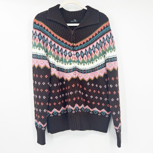 Moda International Womens Wool Blend Fair Isle Knit Full Zip Cardigan Sweater L