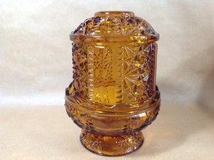 VTG Indiana Glass Fairy Lamp Amber Stars & Bars Candle Holder w/ Insert 6.5” MCM