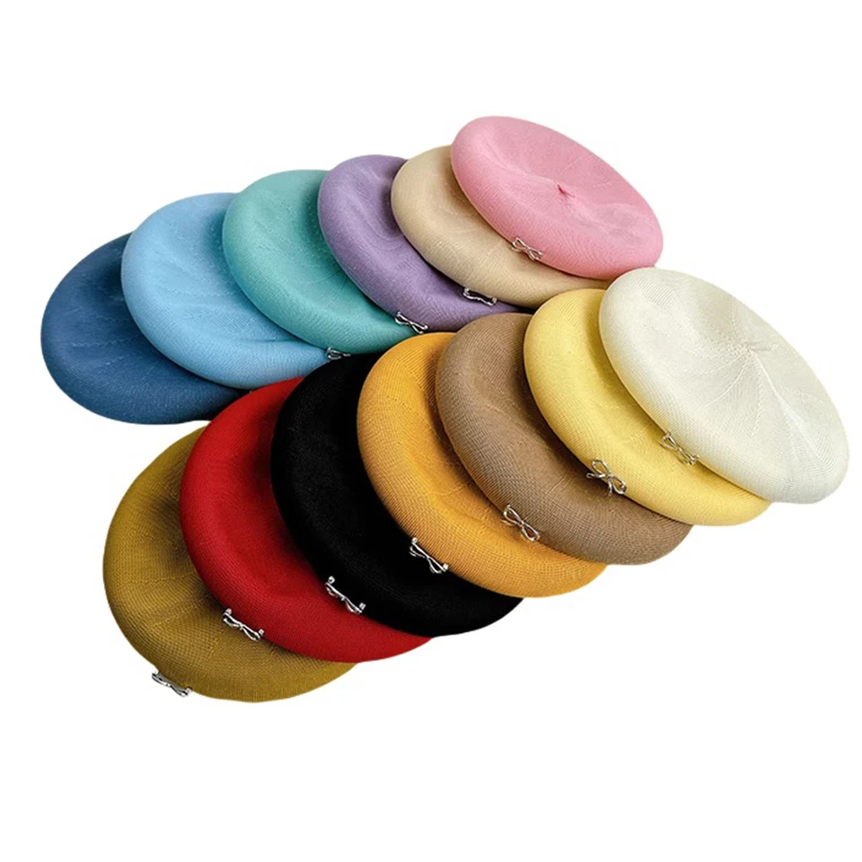 Women Summer Lightweight Solid Color Beret Thin Sweet Beret Hat with Bow Decor - Image 3 of 4